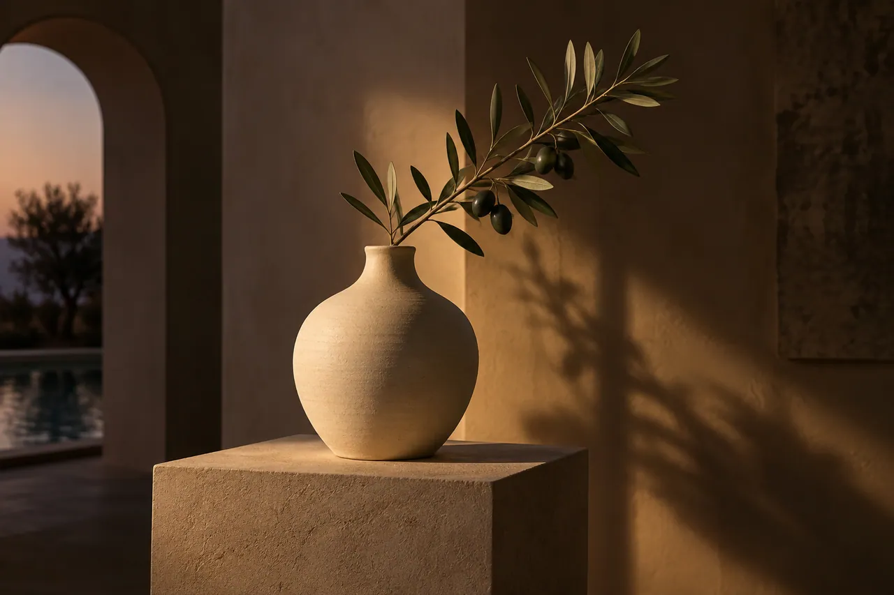 A finished ivory ceramic vase holding one olive branch on a simple gallery plinth.