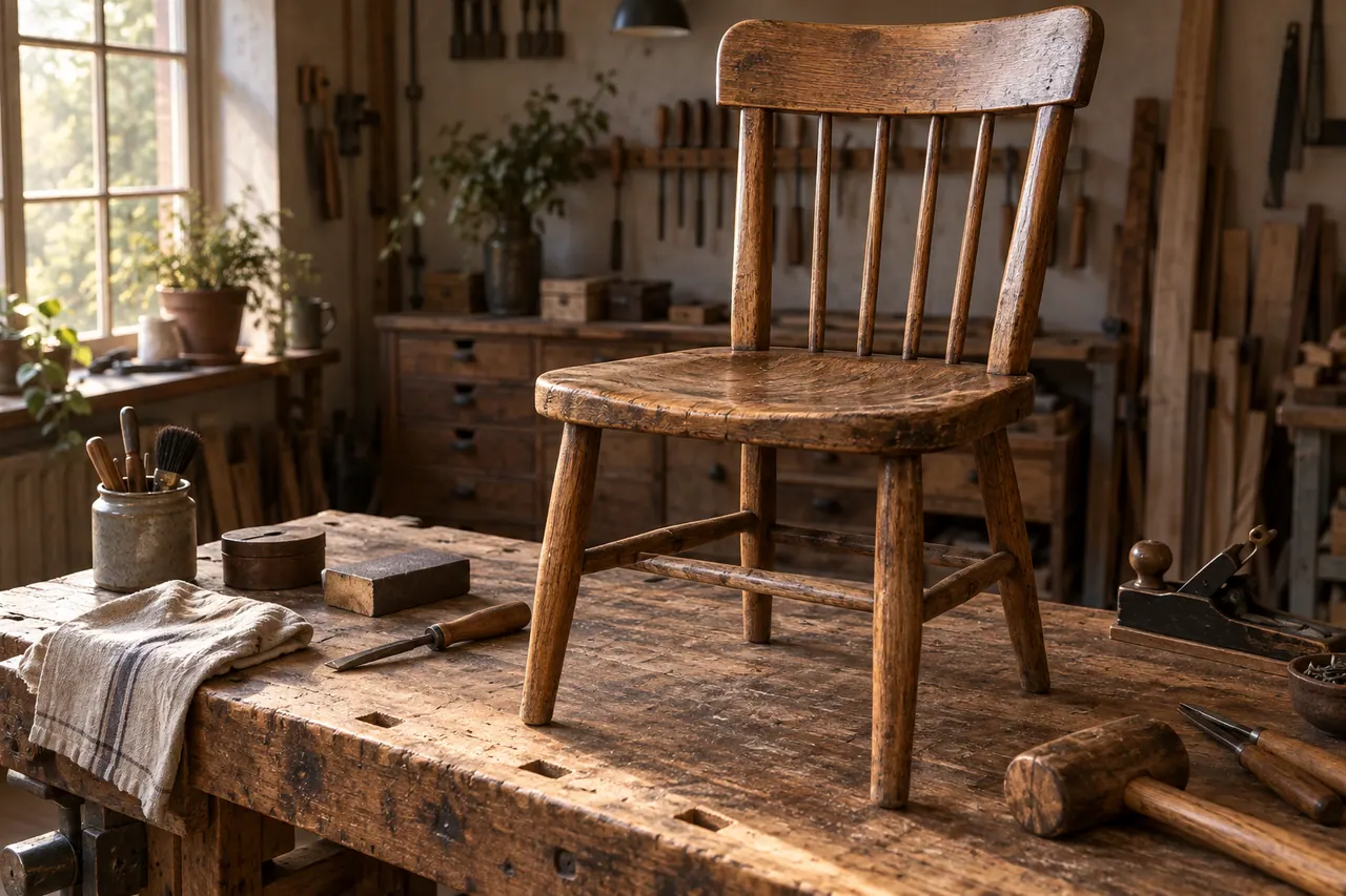 A worn oak dining chair on a workbench in a small furniture repair workshop.