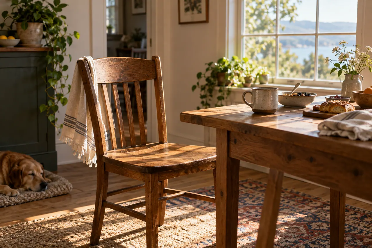 An ordinary restored oak dining chair beside a breakfast table with a ceramic cup in a sunlit modest home.